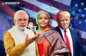 pm modi, nirmala sitaraman and donal trump stand and in backround america flag