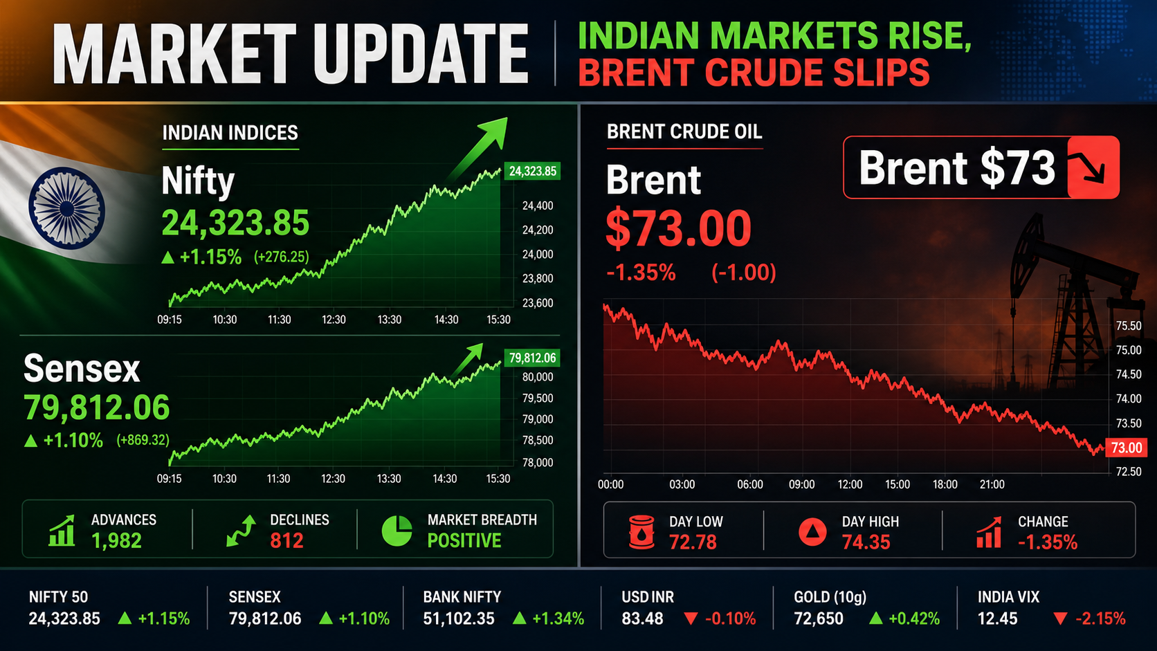 Markets Rally 1% as Brent Crude Falls Below $73